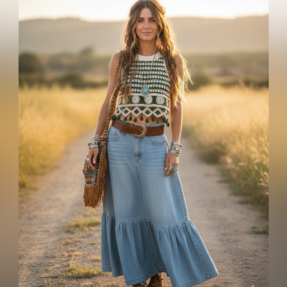Denim Republic Knit Crochet Bohemian Indie Festival Sleeveless Top Green Ivory